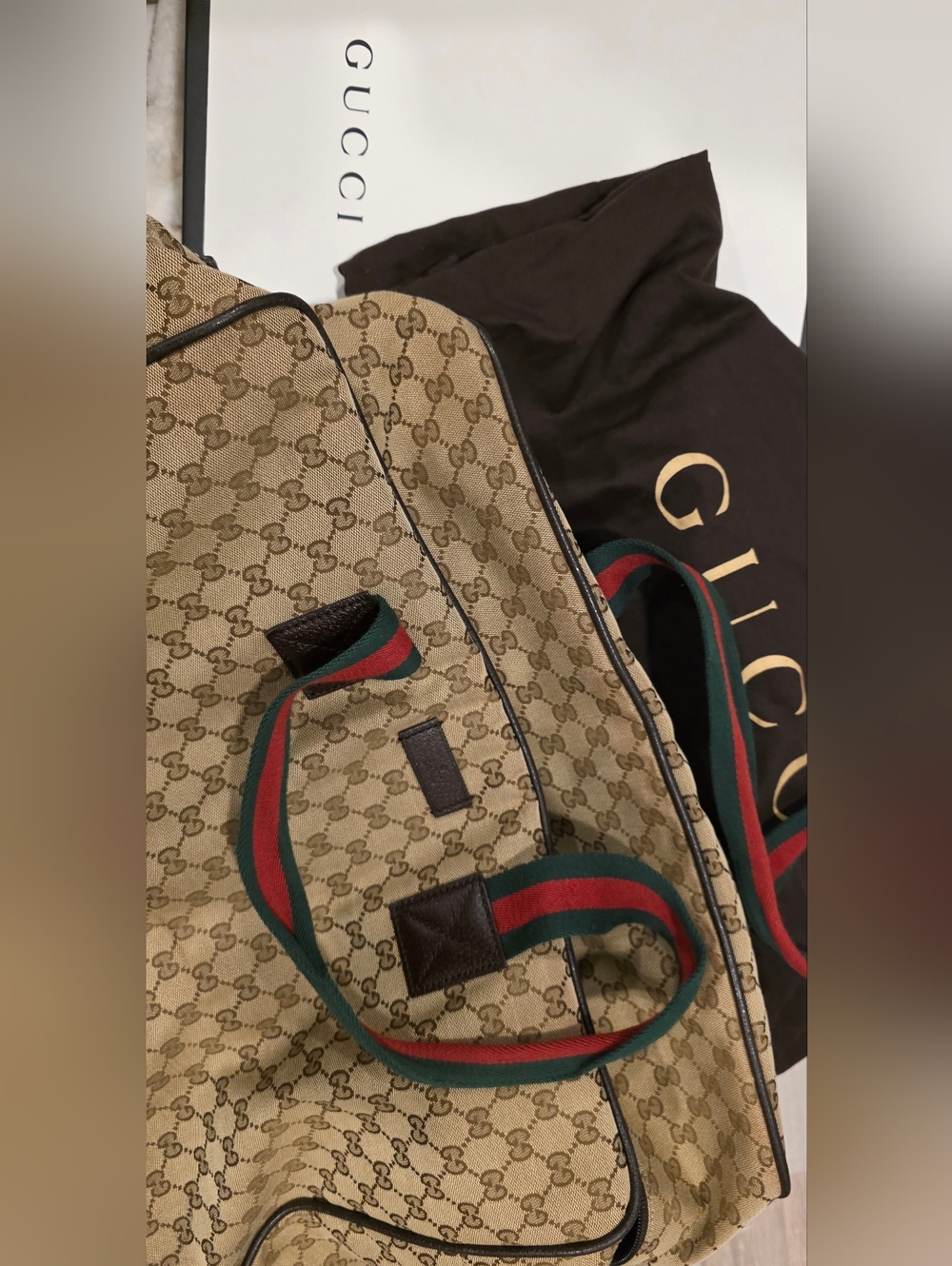 Gucci Tan GG Canvas Duffel with Green-Red Webbing